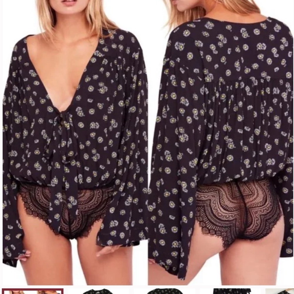 Free people black bell sleeve daisy bodysuit xs
